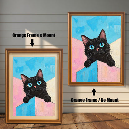 A side-by-side comparison of a black cat painting with an orange frame and mount on the left, and an orange frame with no mount on the right.