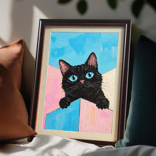 A coffee-colored framed painting of a black cat with bright blue eyes leans against pillows on a bed.