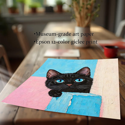 A close-up of the cat art print laying on a wooden table. Text lists "Museum-grade art paper" and "Epson 12-color giclee print."
