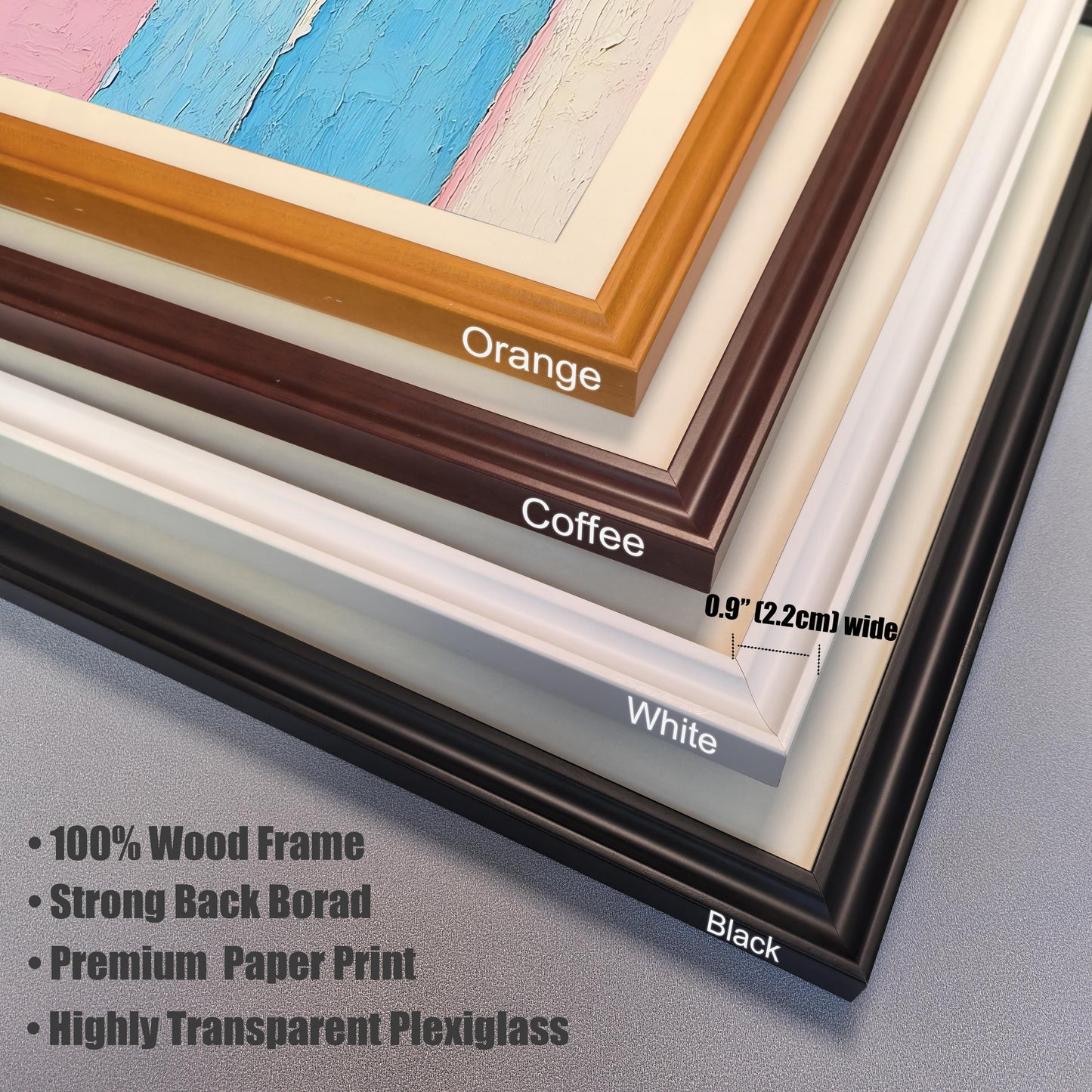 A close-up showing the corners of four different frames: orange, coffee, white, and black. Text lists frame materials and dimensions.