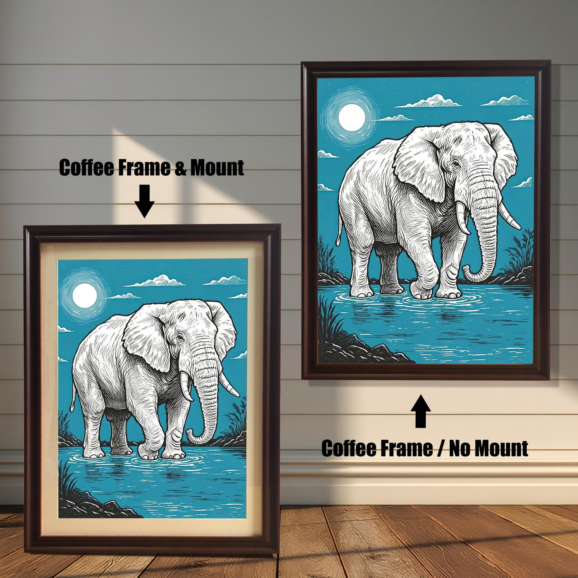 A painting of an elephant standing in water, with a full moon in a blue sky, shown in a coffee-colored frame with a mount and a coffee-colored frame without a mount.