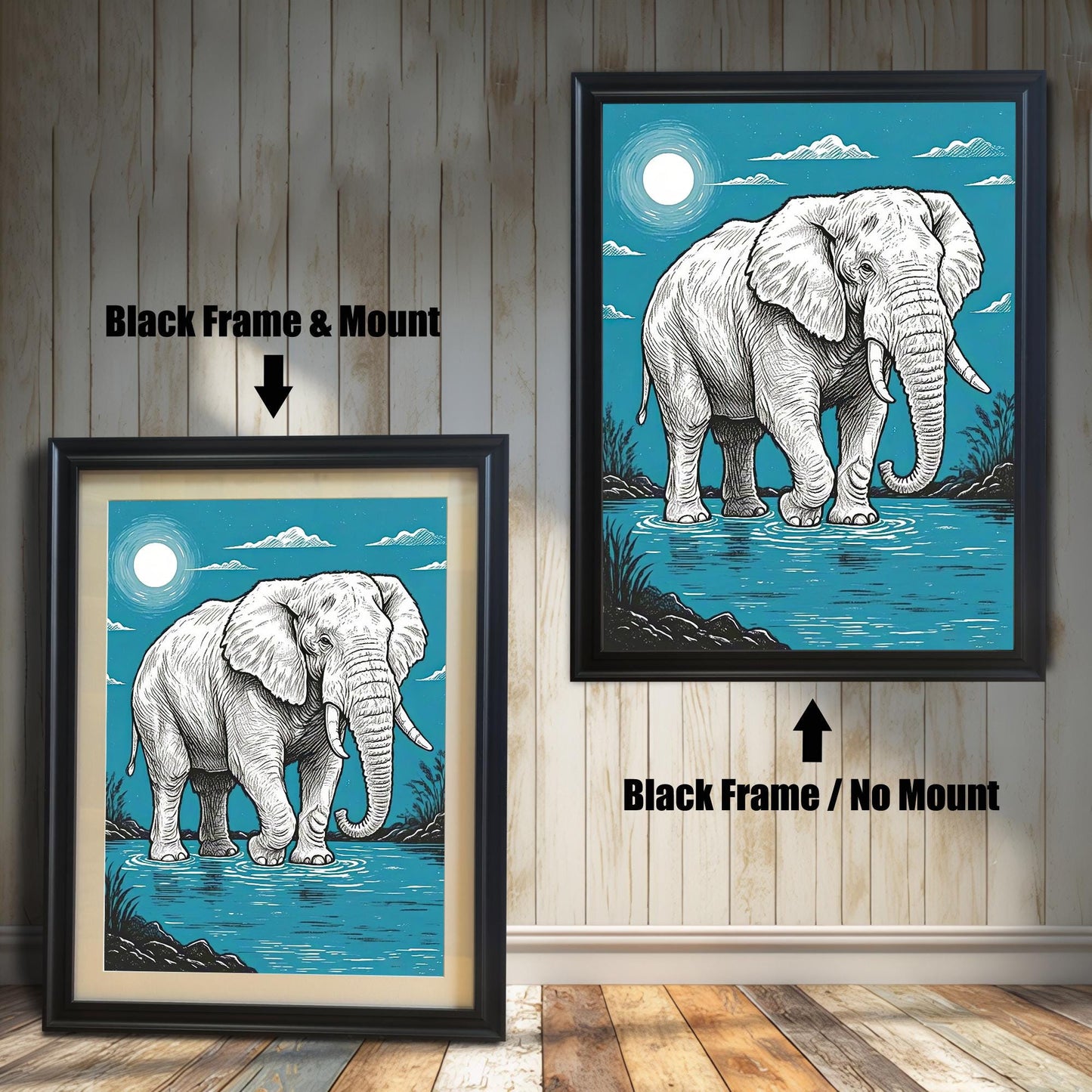 A painting of an elephant standing in water, with a full moon in a blue sky, shown in a black frame with a mount and a black frame without a mount.