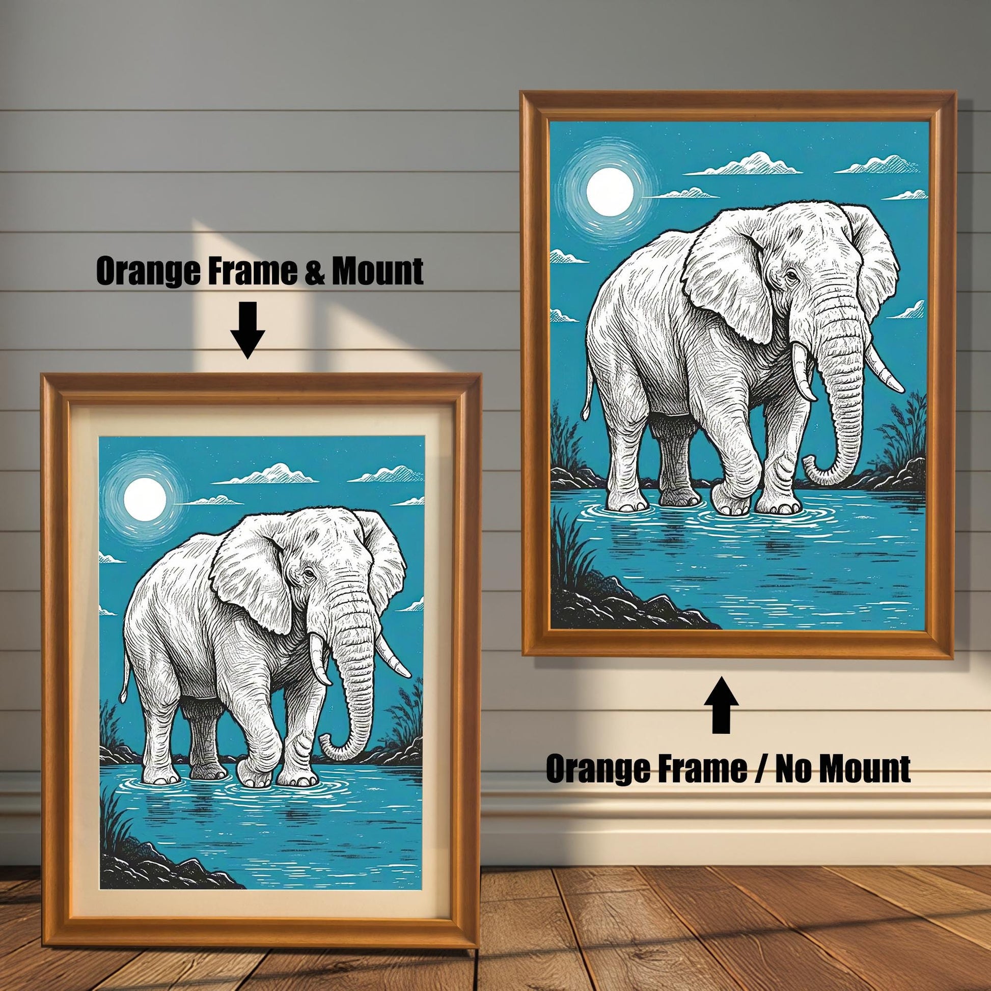 A painting of an elephant standing in water, with a full moon in a blue sky, shown in an orange frame with a mount and an orange frame without a mount.