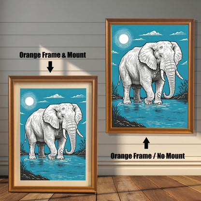 A painting of an elephant standing in water, with a full moon in a blue sky, shown in an orange frame with a mount and an orange frame without a mount.