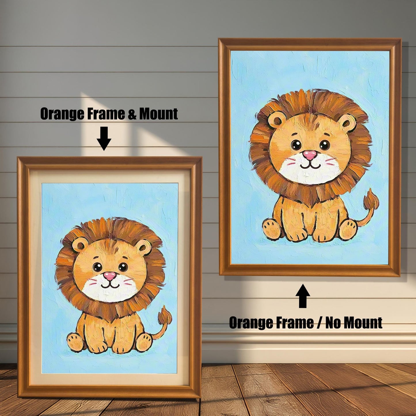 Two versions of the same cartoon lion painting. On the left, an orange frame with a white mount. On the right, the same frame without a mount.
