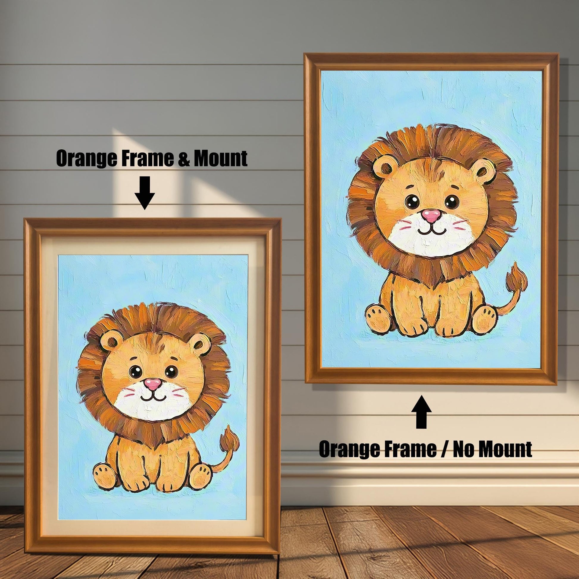 Two versions of the same cartoon lion painting. On the left, an orange frame with a white mount. On the right, the same frame without a mount.