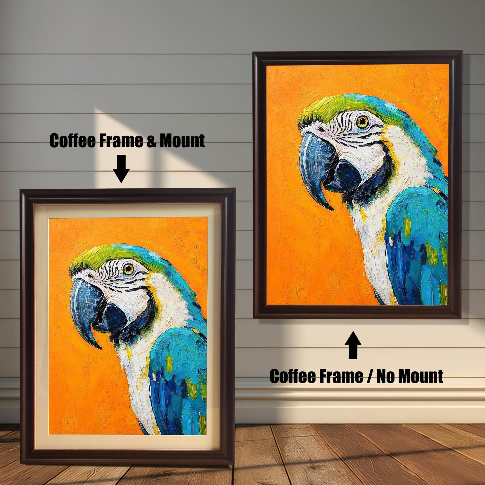 Two versions of the same parrot painting. On the left, a coffee-colored frame with a mount. On the right, the same frame without a mount.