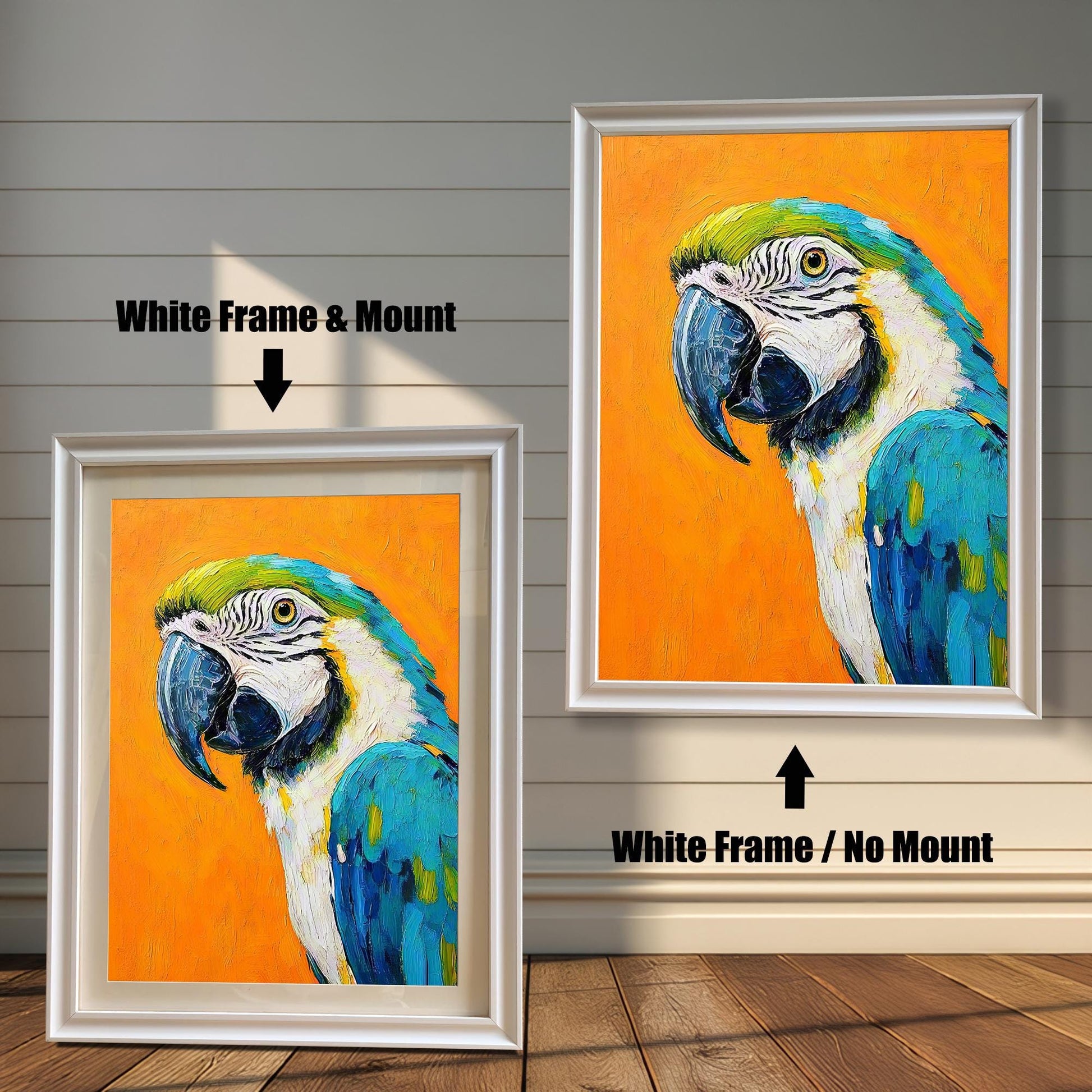 Two versions of the same parrot painting. On the left, a white frame with a mount. On the right, the same frame without a mount.