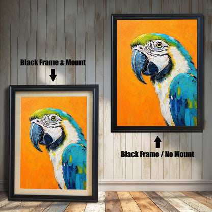 Two versions of the same parrot painting. On the left, a black frame with a mount. On the right, the same frame without a mount.