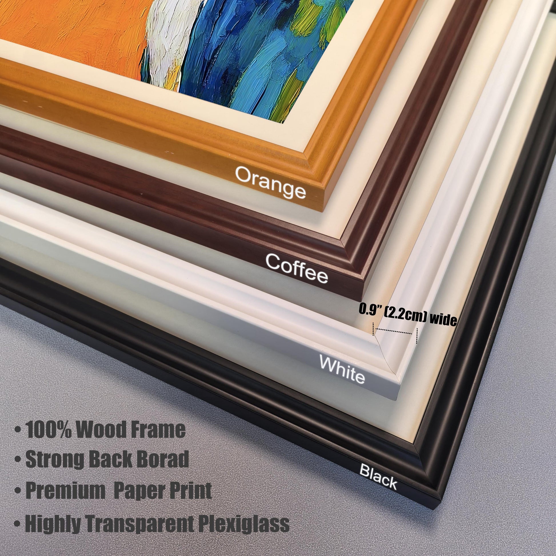 A close-up of four different frame corners, stacked and labeled as Orange, Coffee, White, and Black. The text also lists frame features.