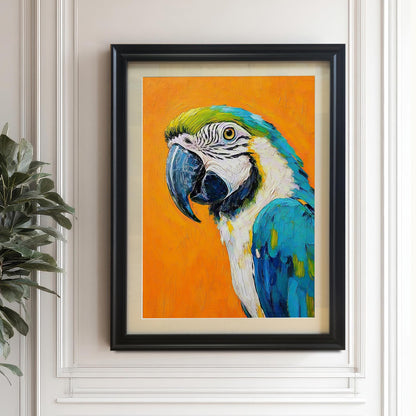 A black-framed painting of a blue and yellow macaw against an orange background hangs on a white paneled wall next to a large potted plant.