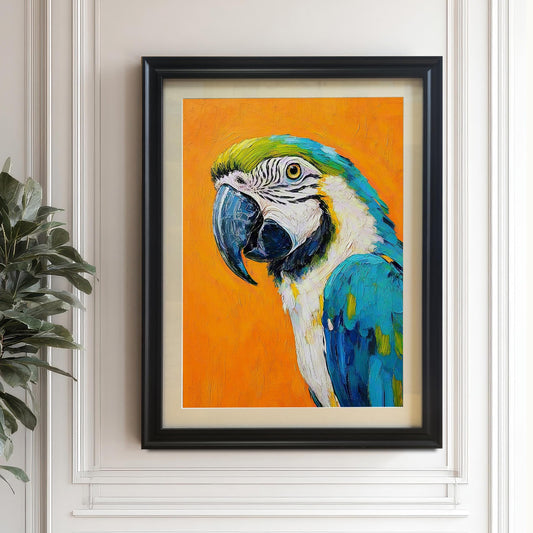 A black-framed painting of a blue and yellow macaw against an orange background hangs on a white paneled wall next to a large potted plant.