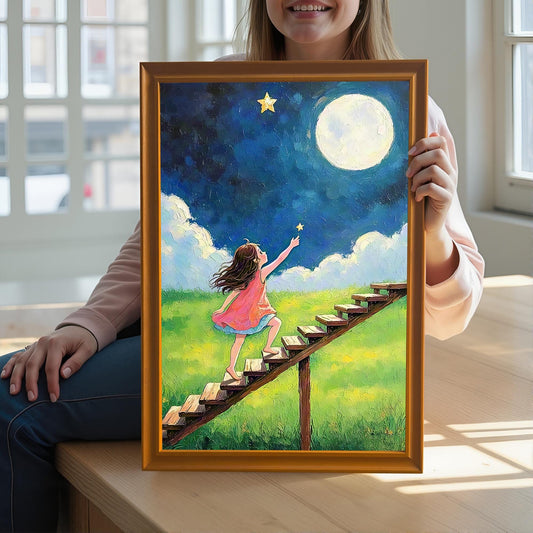A woman holds a framed painting of a girl climbing a ladder towards a moon and star, with an orange frame.