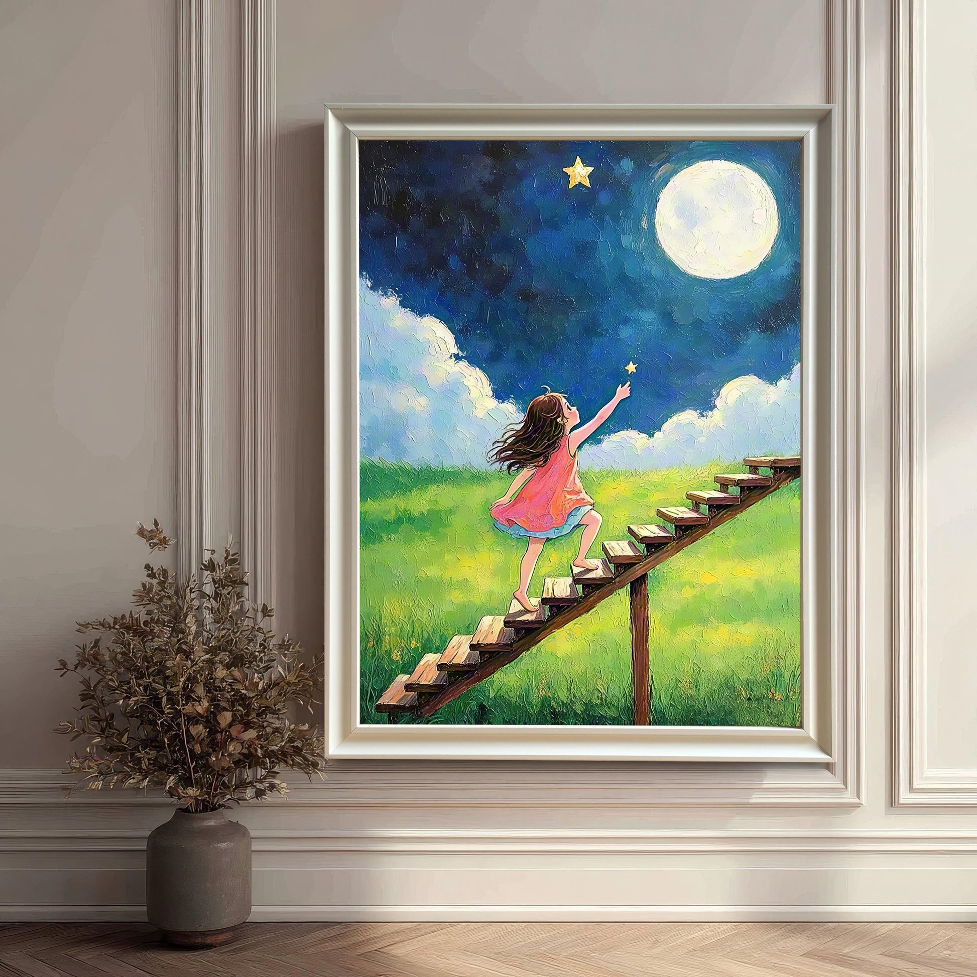 A framed painting of a girl climbing a ladder towards a moon, in a white frame, leaning against a white wainscoting wall next to a potted plant.