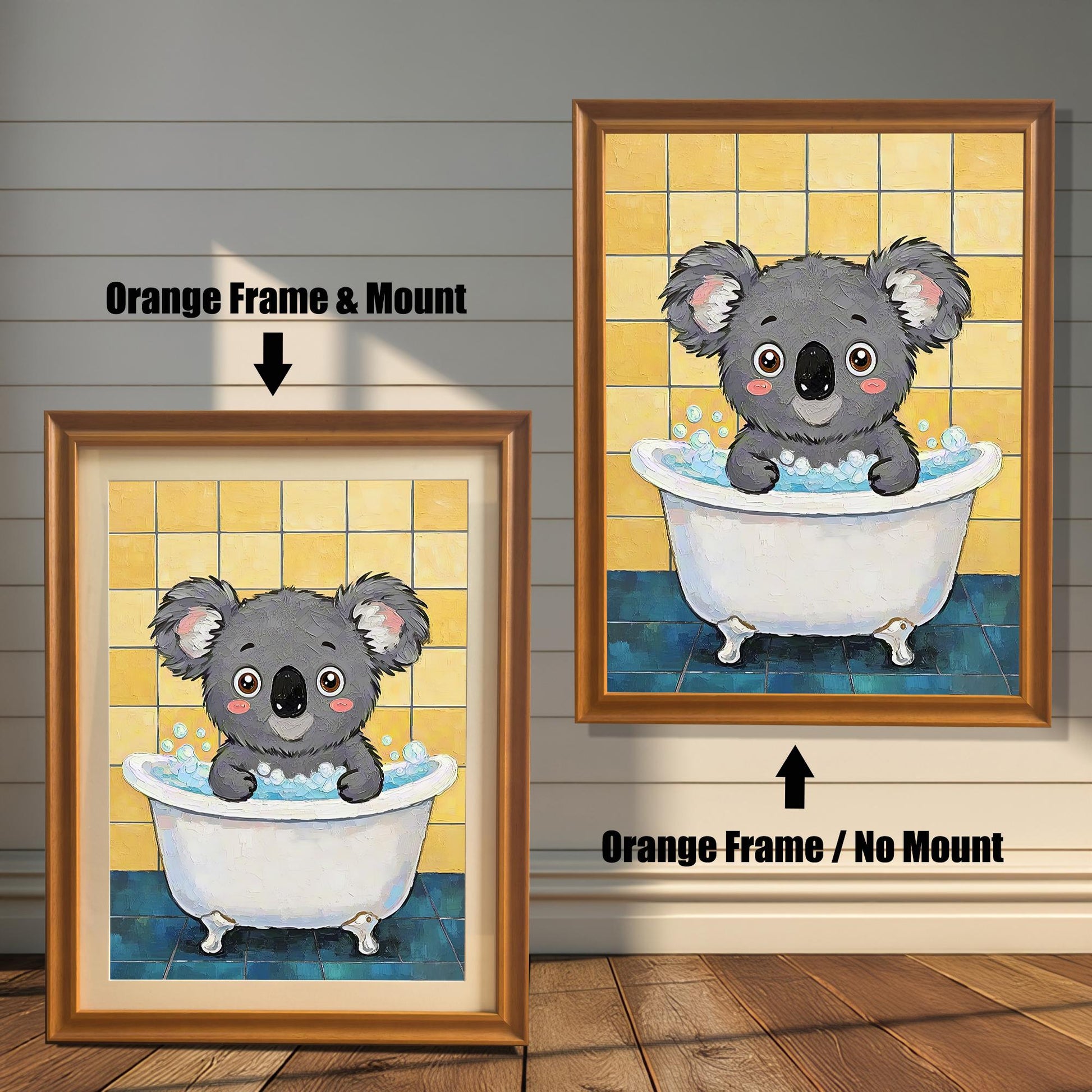 Two views of the koala art print. On the left, a version with an orange frame and mount. On the right, a larger version with an orange frame but no mount.