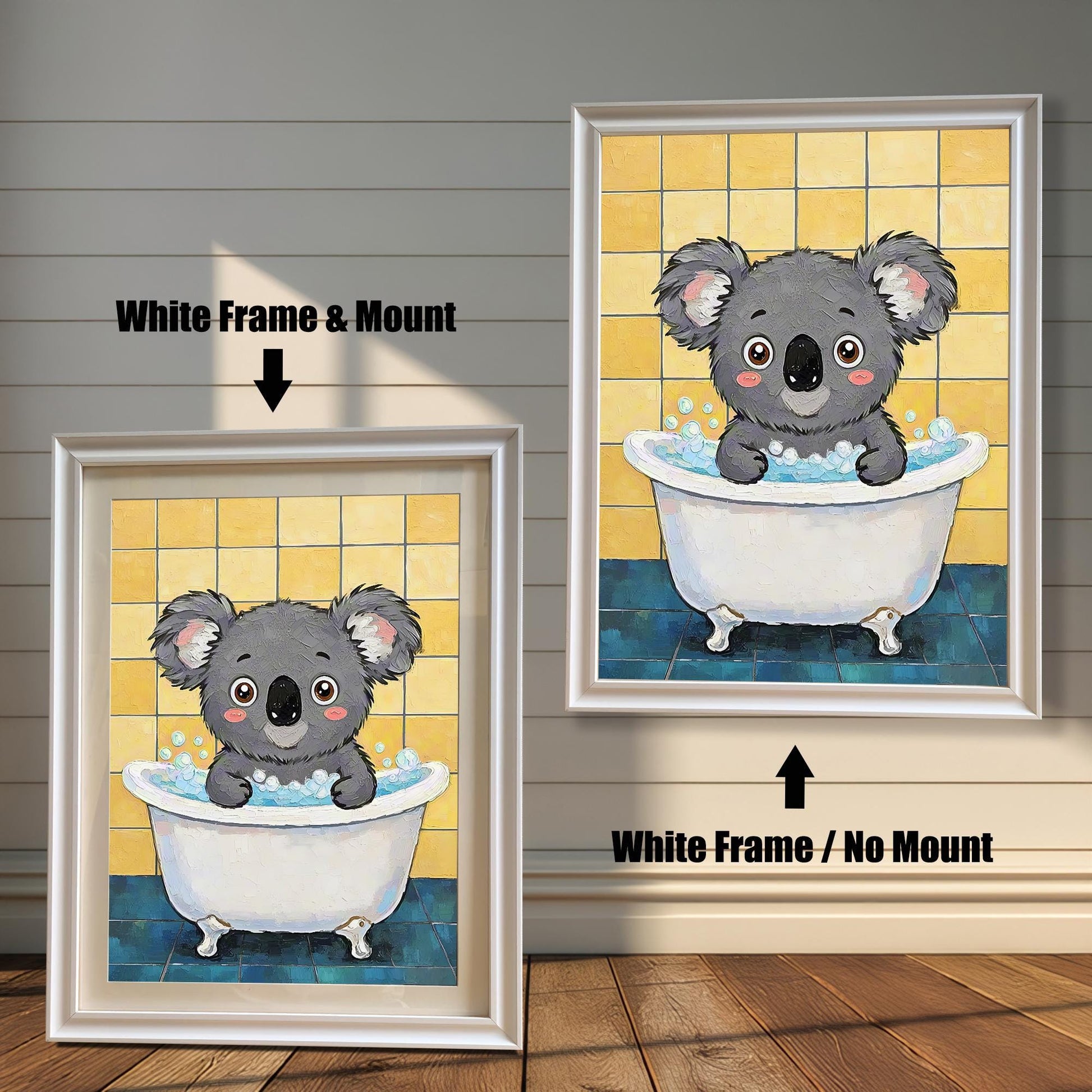 Two views of the koala art print. On the left, a version with a white frame and mount. On the right, a larger version with a white frame but no mount.