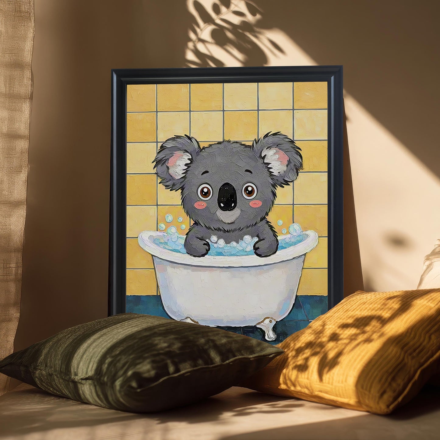 A framed art print of a koala in a bathtub, in a black frame, leaning against a wall. A green and a yellow cushion are propped up in front of it.