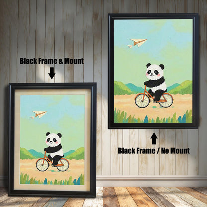 Panda Bicycle Cartoon Art Print: Wood Framed Whimsical Kids Room Decor