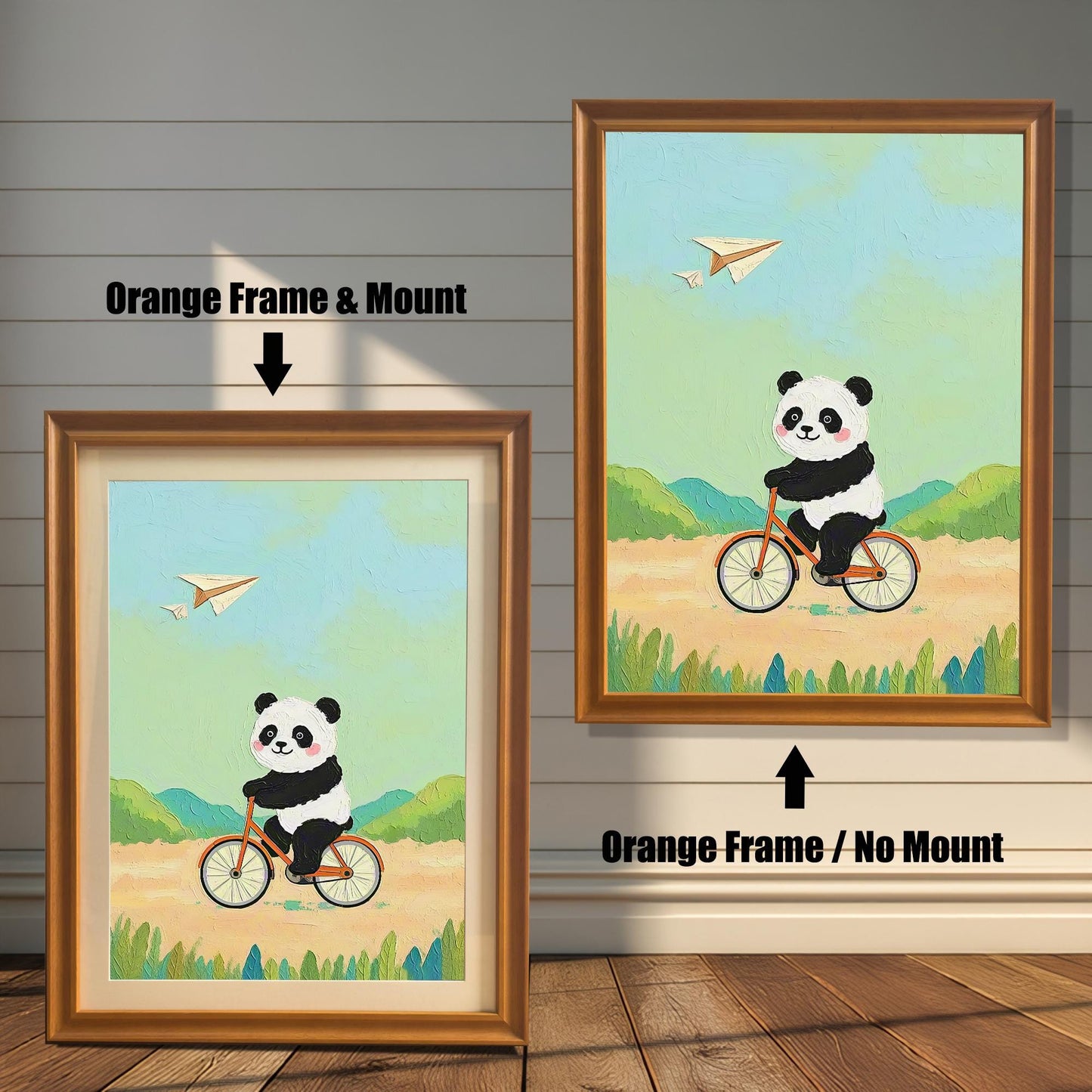 Panda Bicycle Cartoon Art Print: Wood Framed Whimsical Kids Room Decor