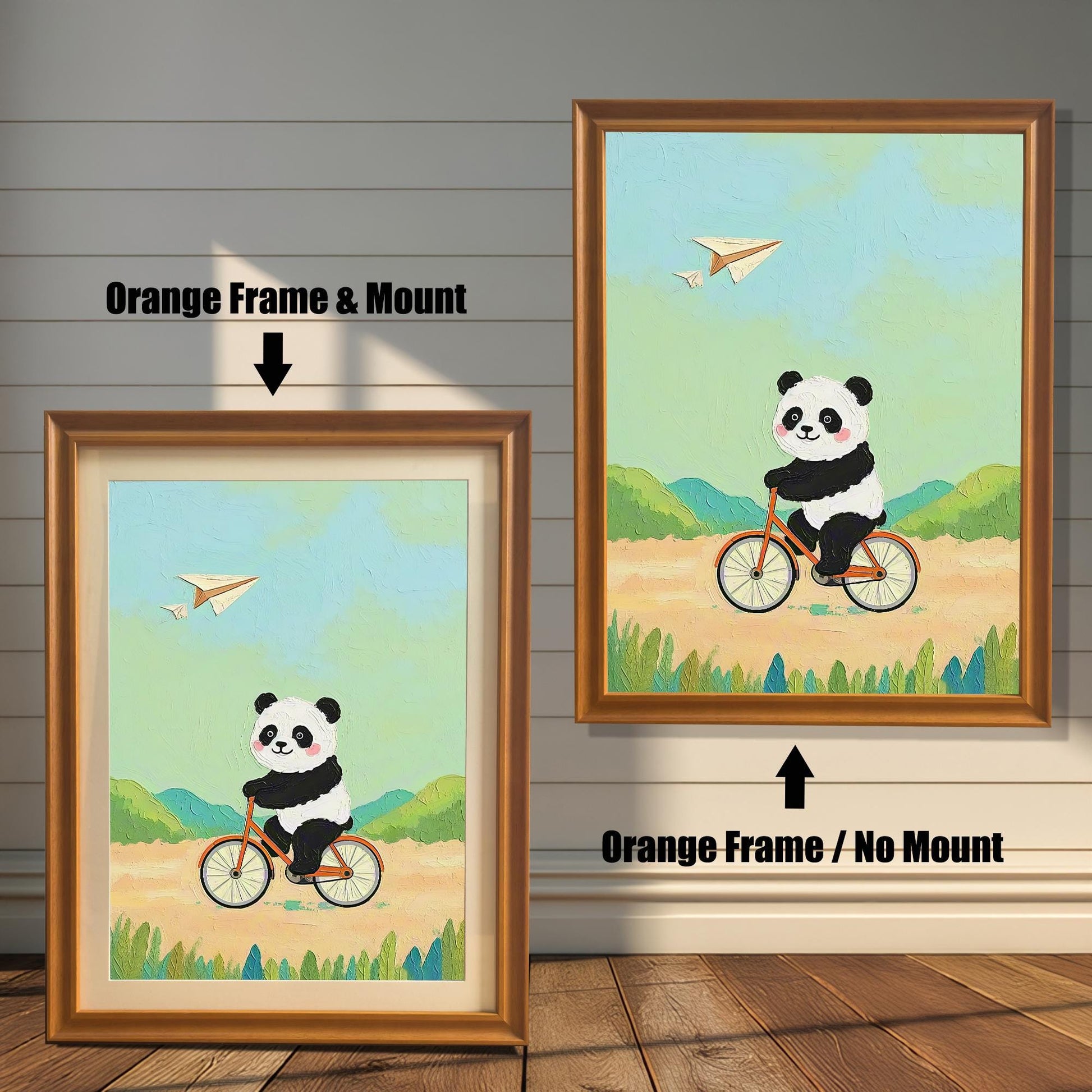 Panda Bicycle Cartoon Art Print: Wood Framed Whimsical Kids Room Decor