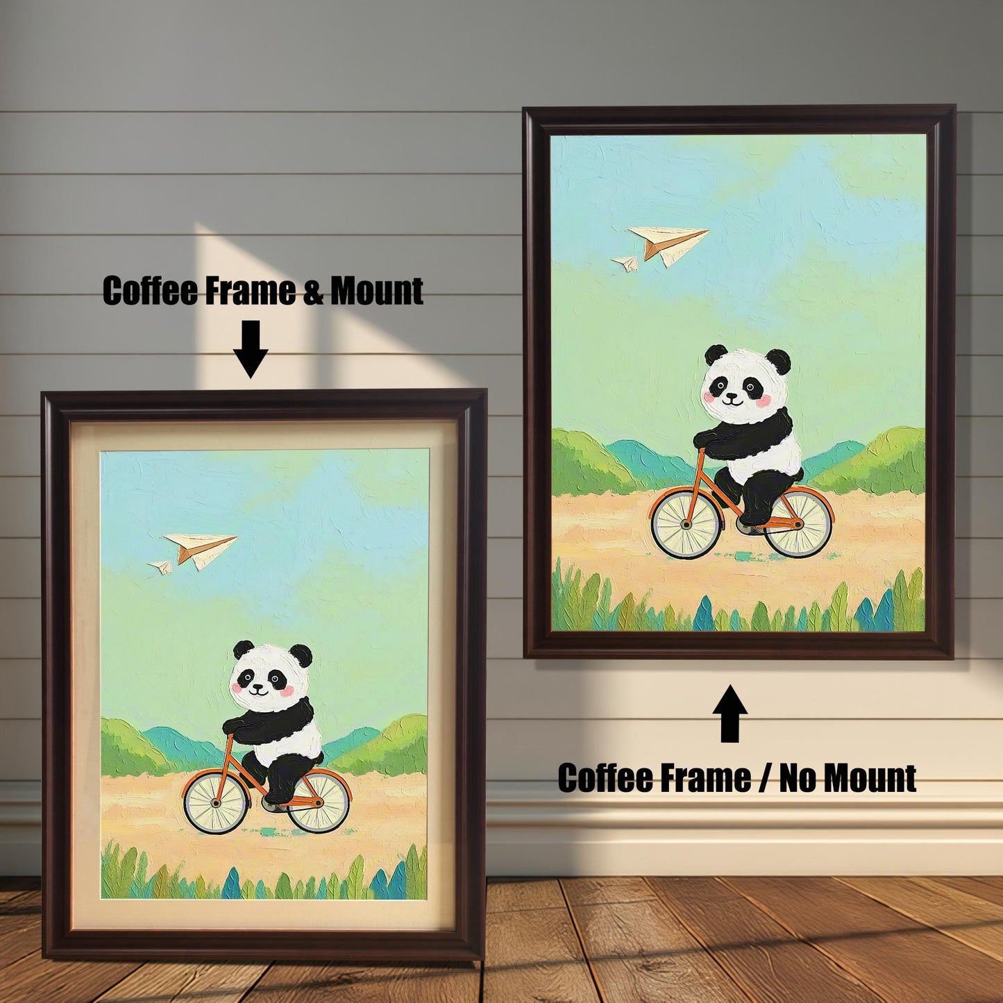 Panda Bicycle Cartoon Art Print: Wood Framed Whimsical Kids Room Decor
