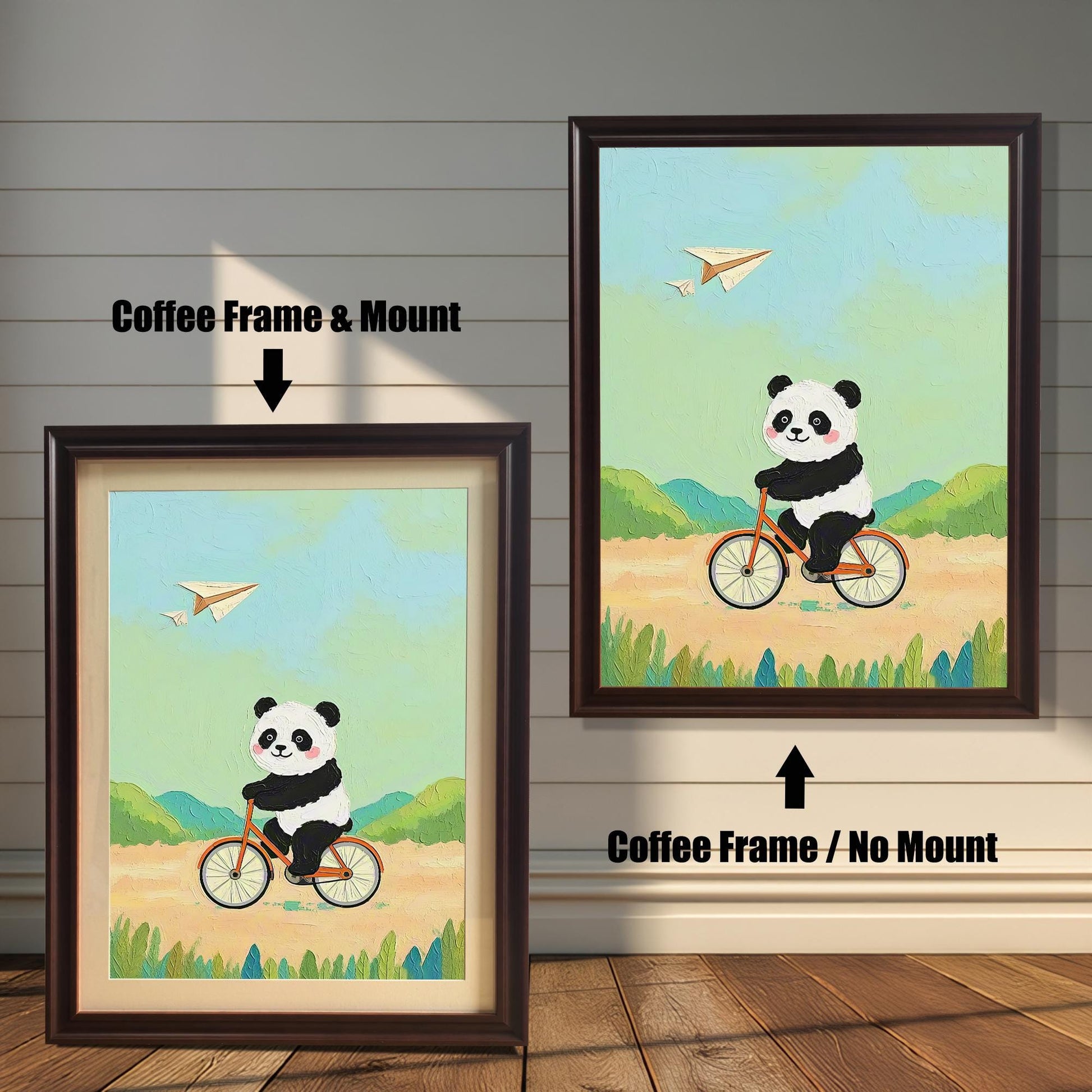 Panda Bicycle Cartoon Art Print: Wood Framed Whimsical Kids Room Decor