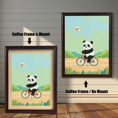 Panda Bicycle Cartoon Art Print: Wood Framed Whimsical Kids Room Decor