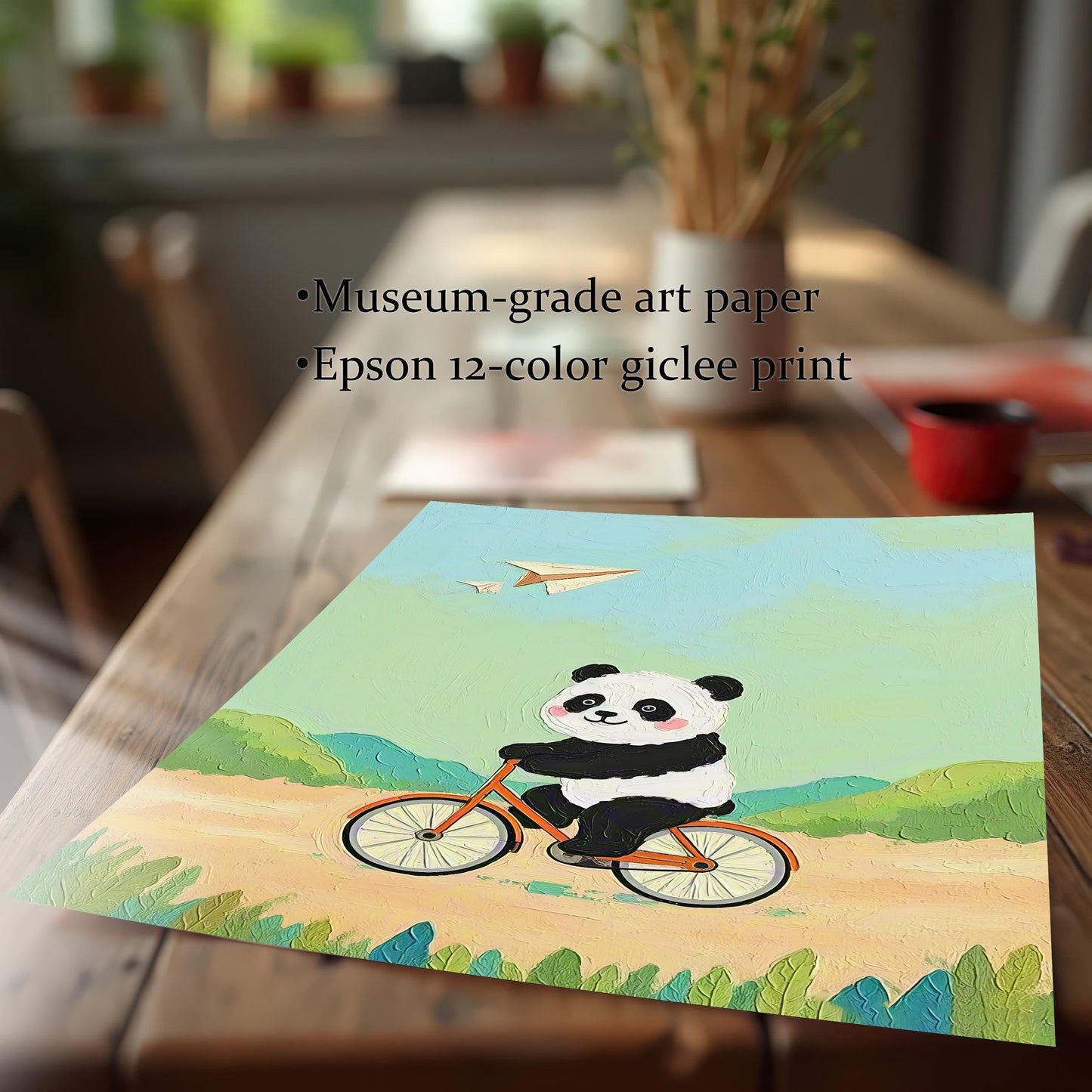 Panda Bicycle Cartoon Art Print: Wood Framed Whimsical Kids Room Decor