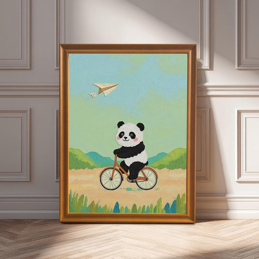 Panda Bicycle Cartoon Art Print: Wood Framed Whimsical Kids Room Decor