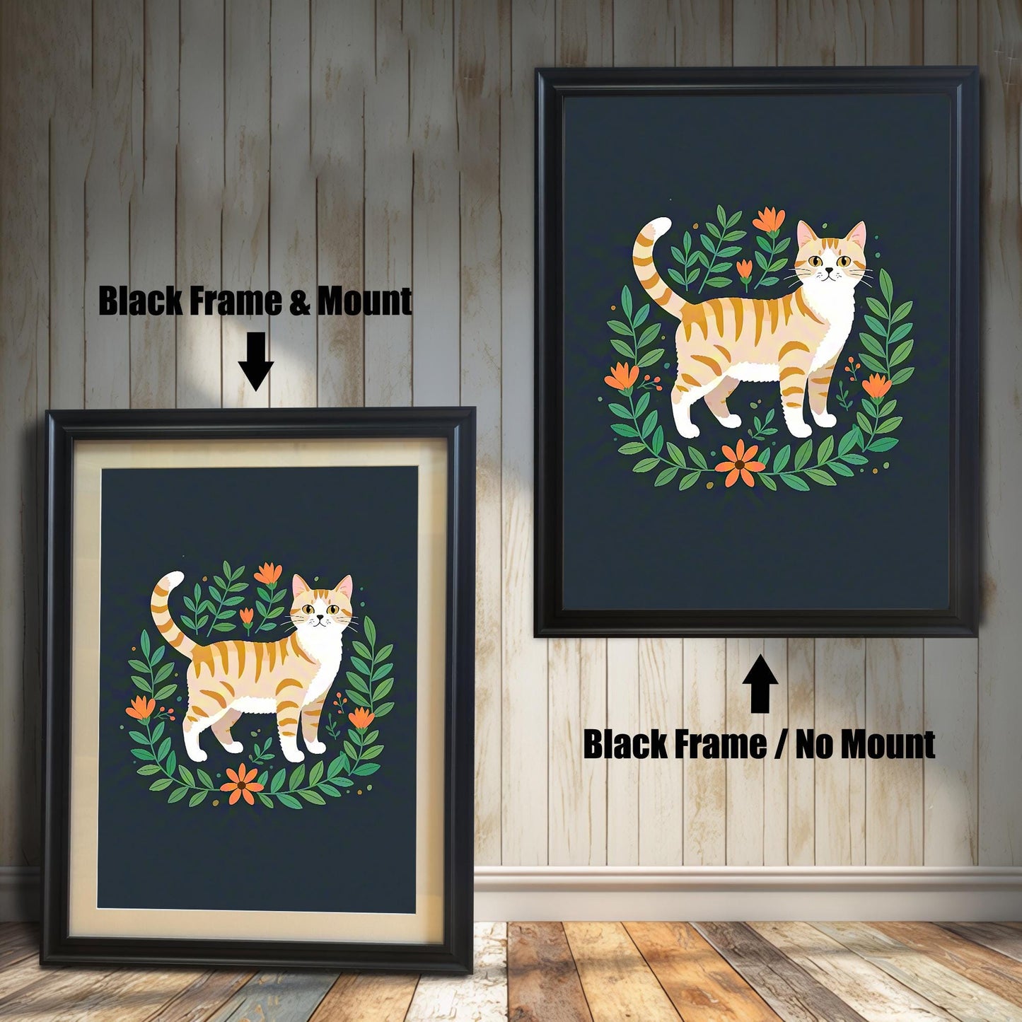 Two views of the cat art print. On the left, a version with a black frame and mount. On the right, a larger version with a black frame but no mount.