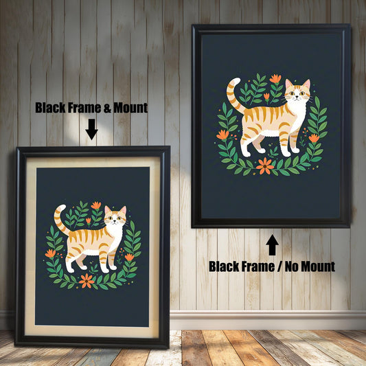 Two views of the cat art print. On the left, a version with a black frame and mount. On the right, a larger version with a black frame but no mount.