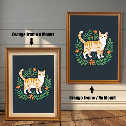 Two views of the cat art print. On the left, a version with an orange frame and mount. On the right, a larger version with an orange frame but no mount.