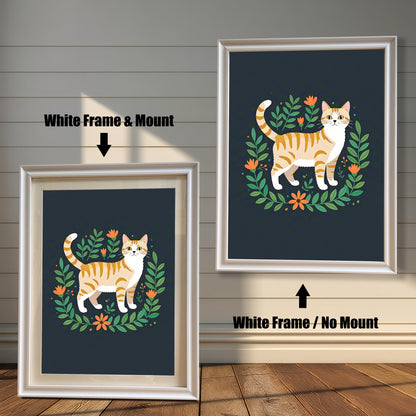 Two views of the cat art print. On the left, a version with a white frame and mount. On the right, a larger version with a white frame but no mount.