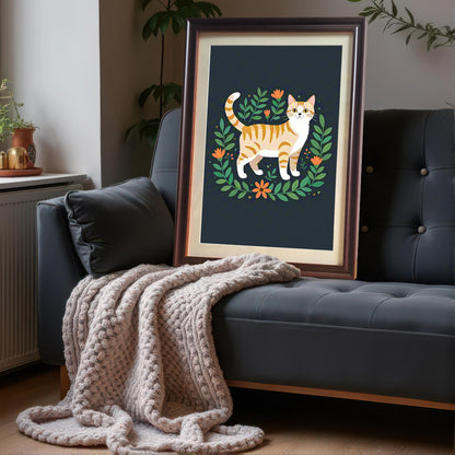 A framed art print of an orange striped cat with a coffee-colored frame and a white mount, leaning on a dark gray couch with a beige blanket.