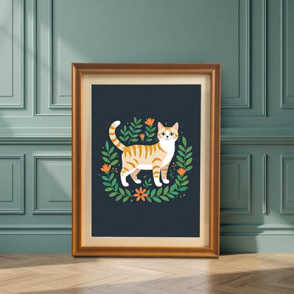 A framed art print of an orange striped cat surrounded by a floral wreath, in an orange frame, leaning against a dark teal paneled wall on a wooden floor.