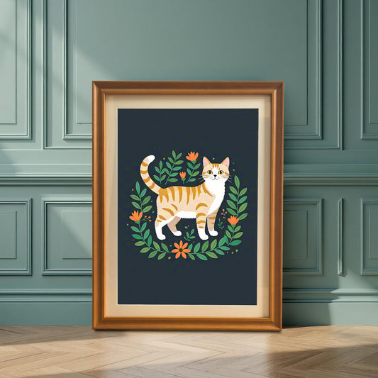 A framed art print of an orange striped cat surrounded by a floral wreath, in an orange frame, leaning against a dark teal paneled wall on a wooden floor.
