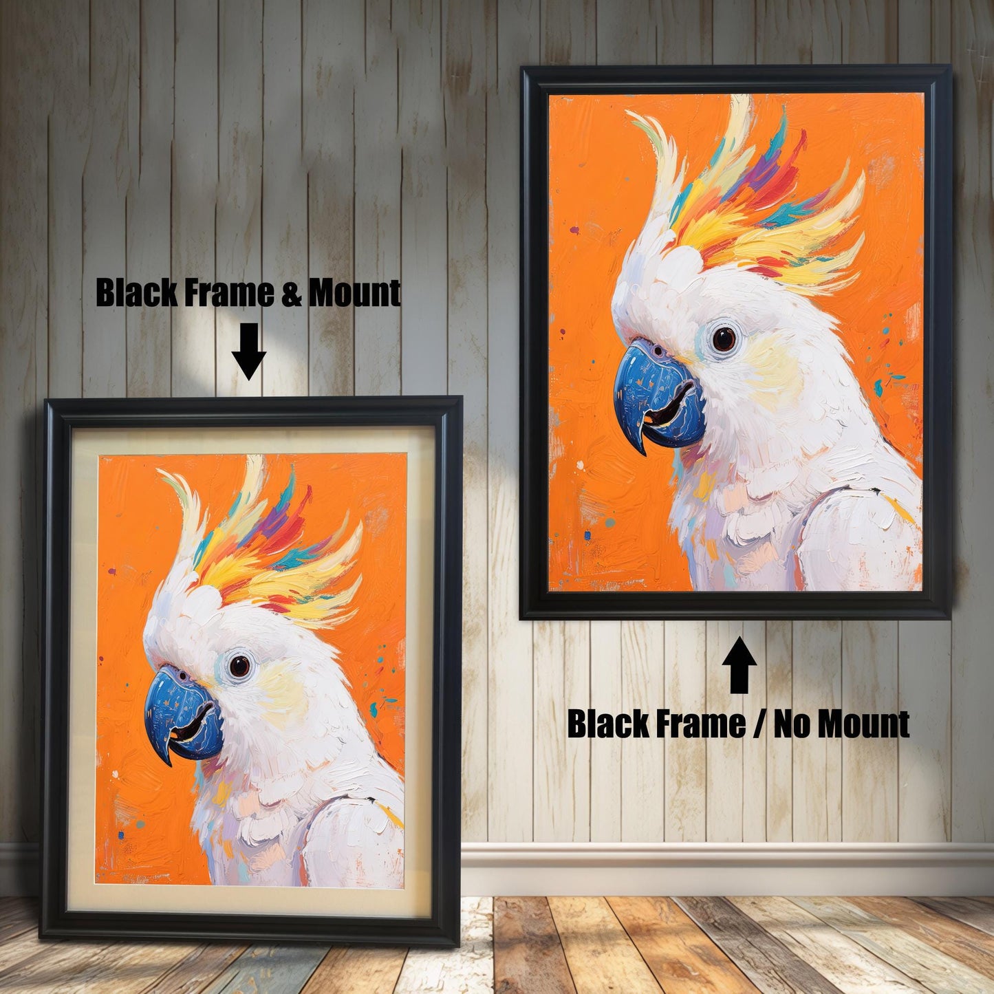 Two views of the cockatoo art print. On the left, a version with a black frame and mount. On the right, a larger version with a black frame but no mount.