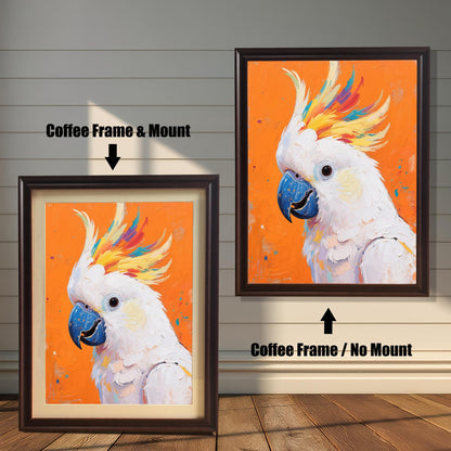 Two views of the cockatoo art print. On the left, a version with a coffee-colored frame and mount. On the right, a larger version with a coffee frame but no mount.