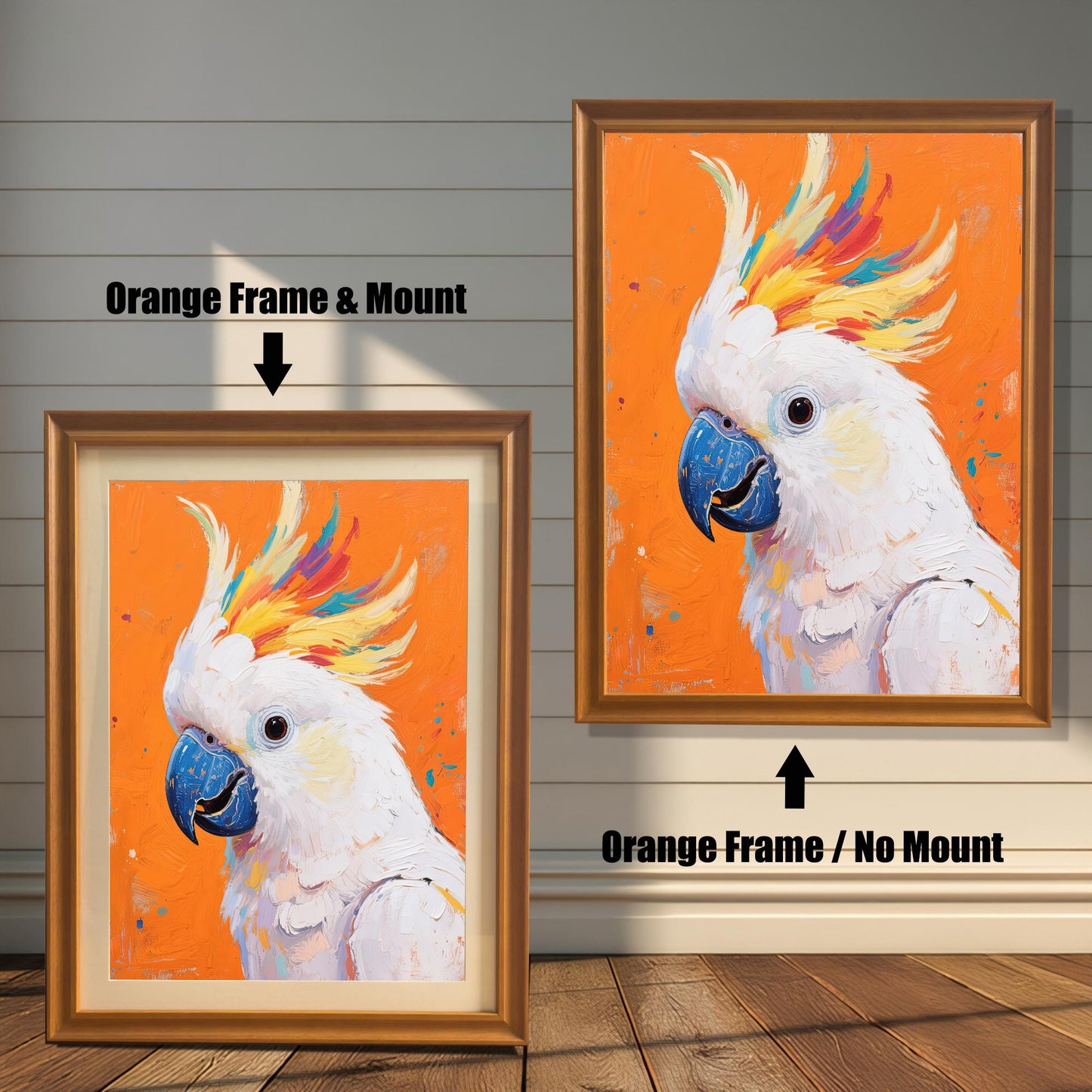 Two views of the cockatoo art print. On the left, a version with an orange frame and mount. On the right, a larger version with an orange frame but no mount.