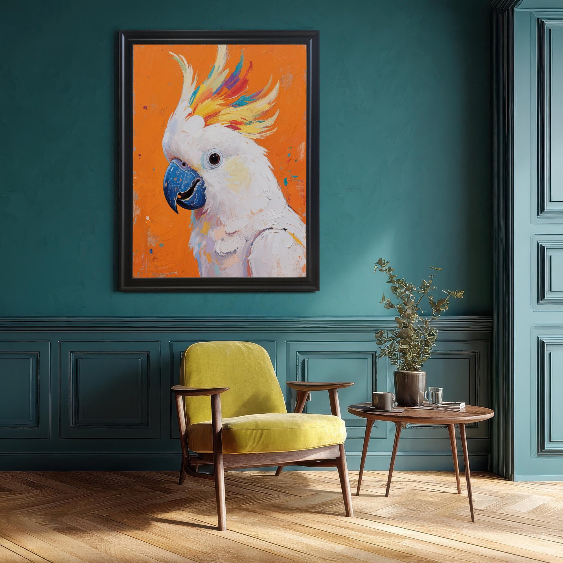 A large framed art print of a white cockatoo with a colorful crest, in a black frame, hanging on a dark teal wall above a yellow armchair and a small side table.