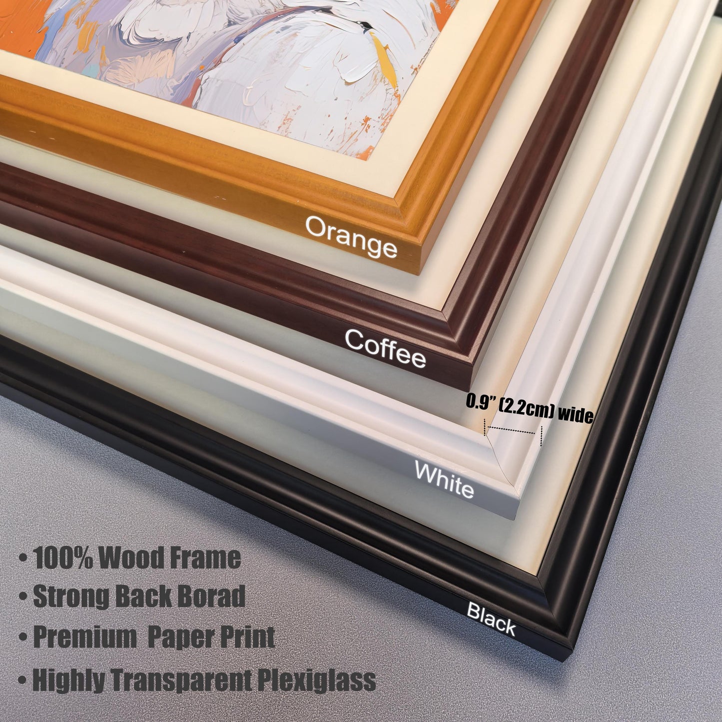 A close-up view of four stacked picture frames in orange, coffee, white, and black. A ruler shows the frame width is 0.9 inches. A bulleted list details product features like wood frames and plexiglass.