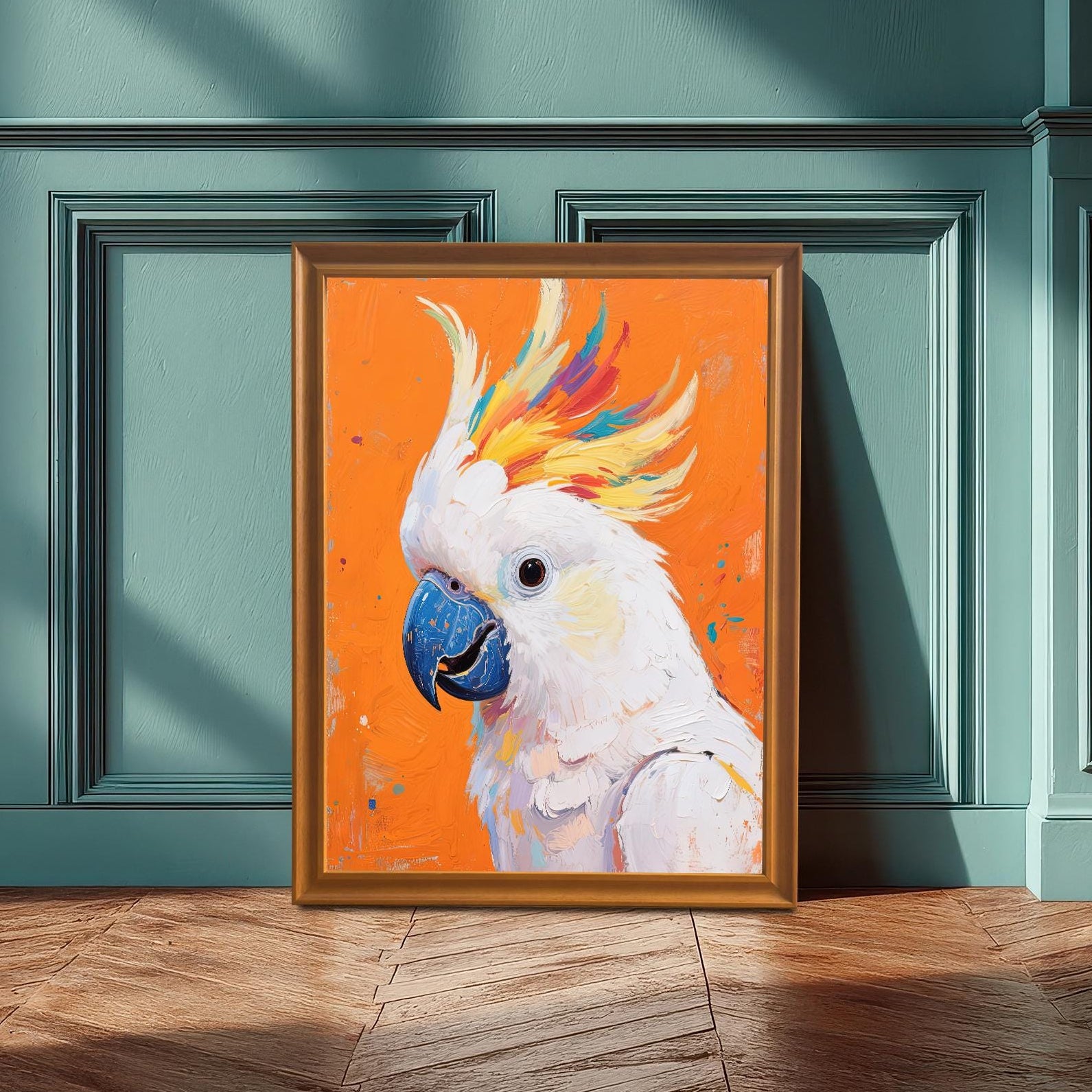 A framed art print of a white cockatoo with a colorful crest, in an orange frame, leaning against a dark teal paneled wall on a wooden floor.