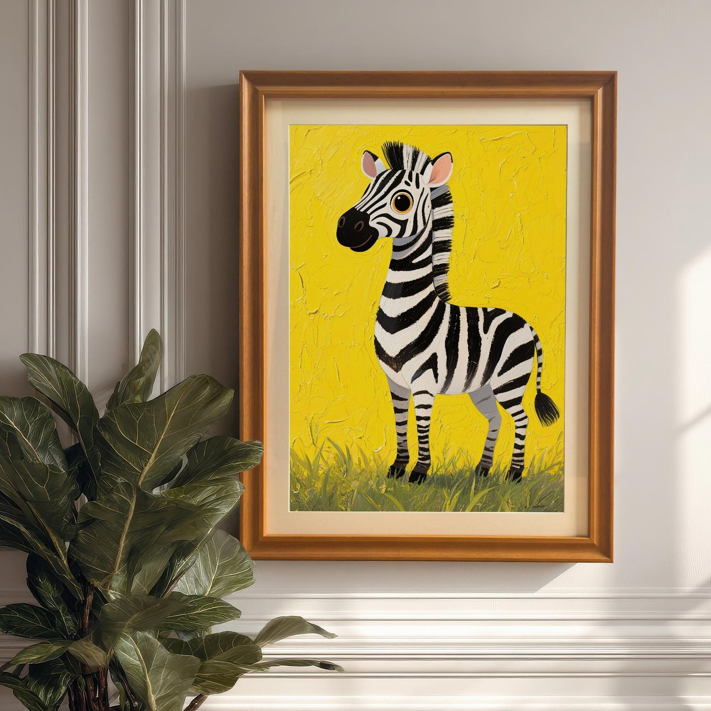 A framed painting of a cute zebra on a textured yellow background, hanging on a white wainscoting wall next to a large potted plant.