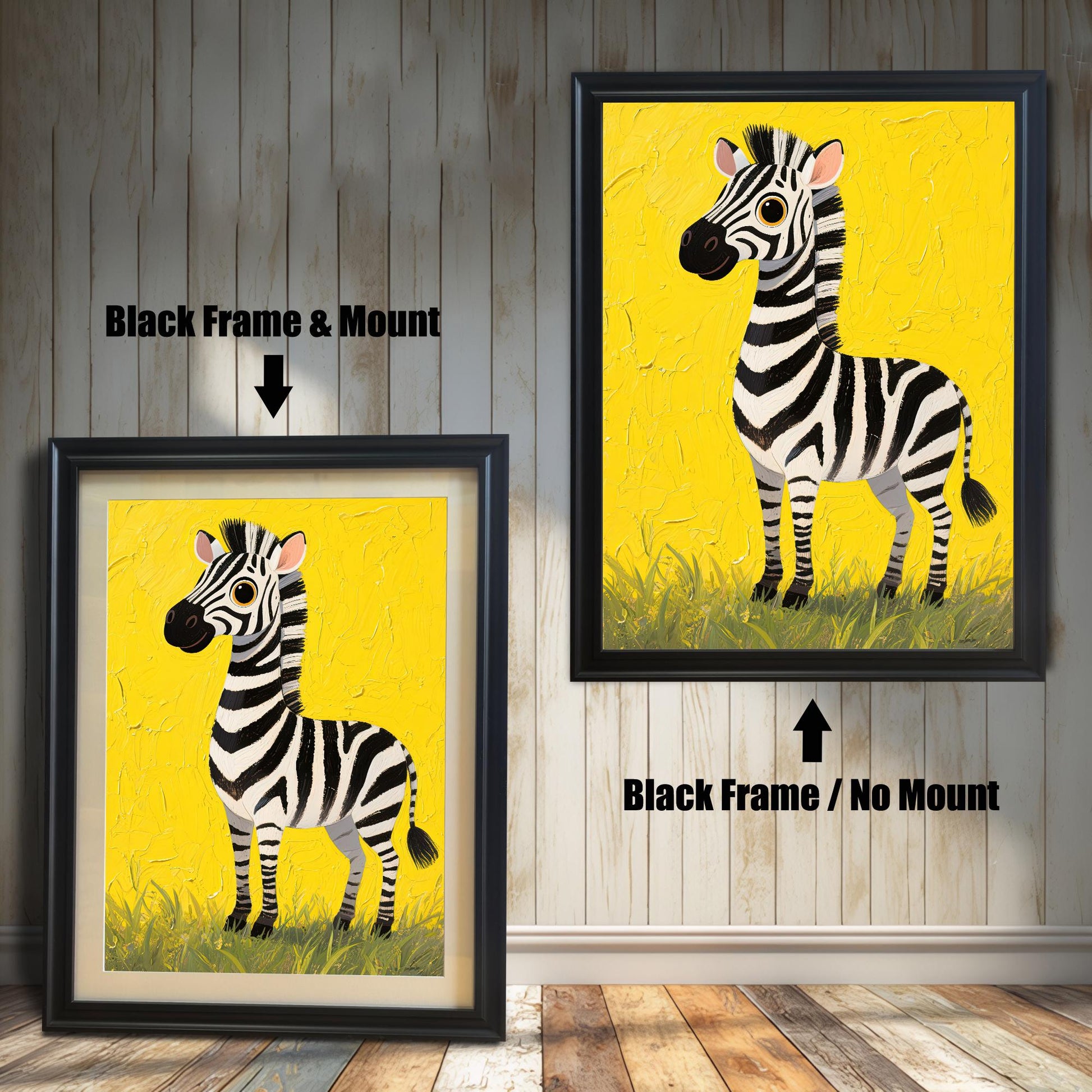 A painting of a cute zebra on a yellow background, shown in a black frame with a mount and a black frame without a mount.