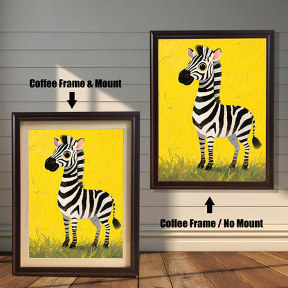 A painting of a cute zebra on a yellow background, shown in a coffee-colored frame with a mount and a coffee-colored frame without a mount.