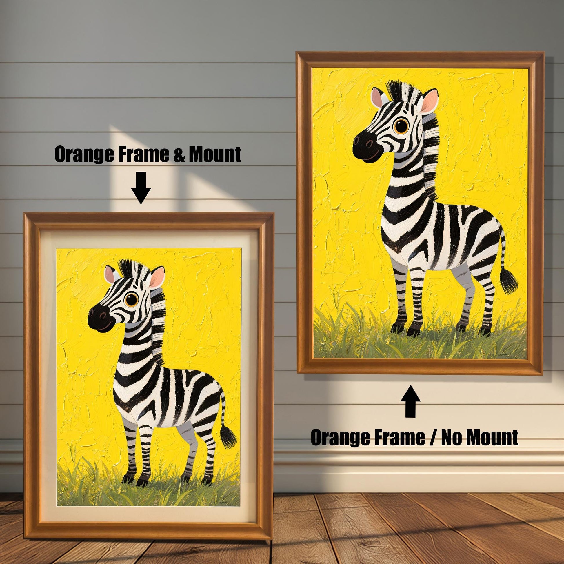 A painting of a cute zebra on a yellow background, shown in an orange frame with a mount and an orange frame without a mount.
