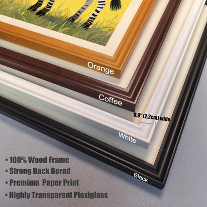 Stacked corners of four different picture frames in orange, coffee, white, and black, with text describing frame materials and width.