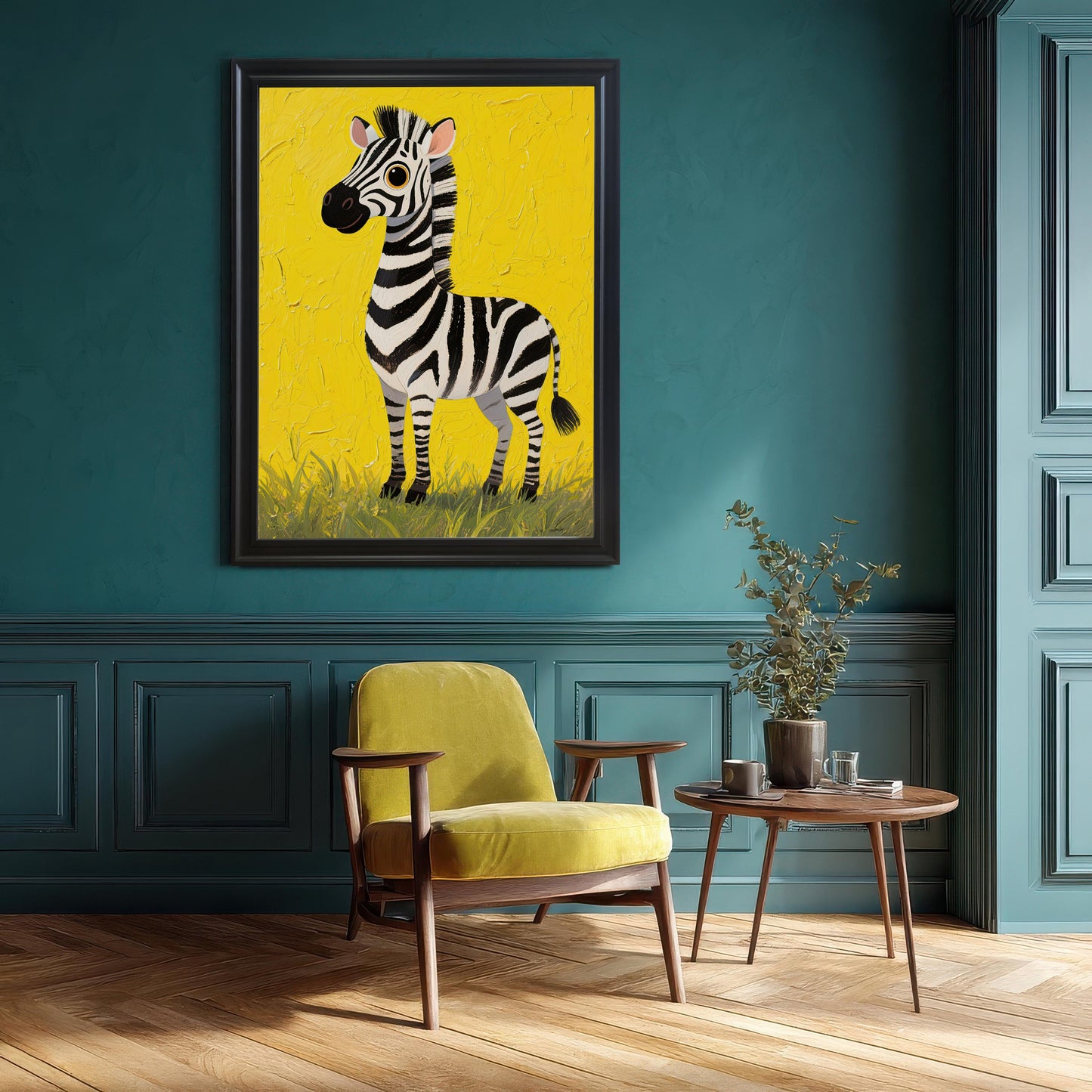 A framed painting of a cute zebra on a yellow background, hanging on a dark teal wall above a yellow armchair and a small side table.