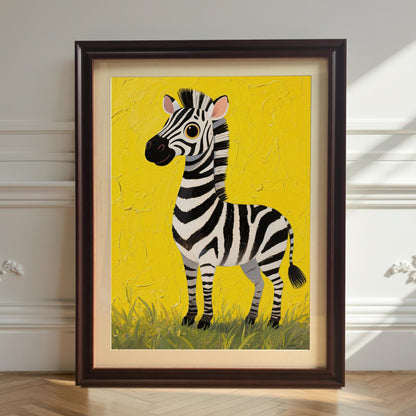 A framed zebra art print with a dark brown frame and a white mat leans against a white wainscoting wall on a light wood floor. The bright yellow background of the art stands out against the neutral wall.
