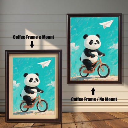 A side-by-side comparison of two framed prints of a panda on a bicycle. One has a coffee-colored frame with a mount, and the other has a coffee-colored frame without a mount.